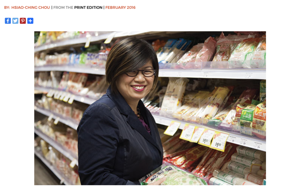 A screenshot of Hsiao-Ching's article in Seattle Magazine. The headline at the top: How to Shop Asian Markets for the Chinese New Year. The image is of Hsiao-Ching in an aisle at Asian Food Center.